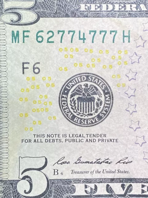 2013 $5 Dollar Bill MF62774777H. 5-of-a-kind.  4 unique digits.