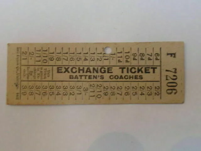 'Batten's Coaches', Original Exchange Ticket 1/1d F 7206, c 1930/40s