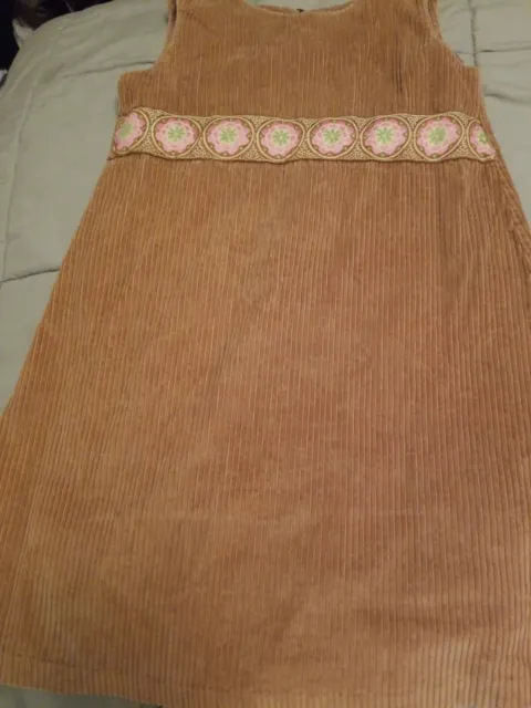 Girls Tan Brown Corduroy Jumper Dress W/ Pink Flowered Trim