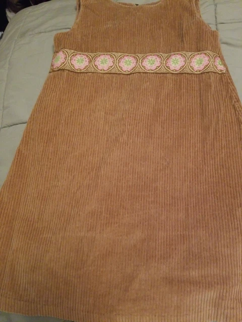 Girls Tan Brown Corduroy Jumper Dress W/ Pink Flowered Trim