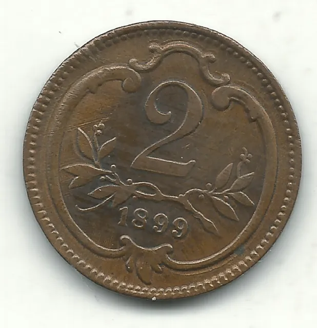 A Very Nice High Grade Xf 1899 Austria 2 Heller Coin-Nov209