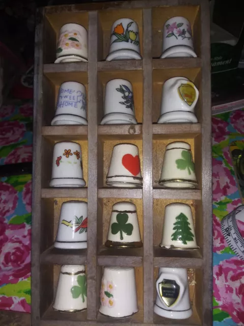 Vintage Wooden Thimble Holder with 15 Ceramic Thimbles Wall Hanging.