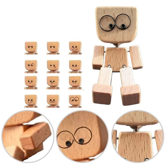 Figurine D'homme En Bois Secouant à La Main - Décoration Amusante Pour Tableau De Bord De Voiture Ou Bureau - Visages Magnétiques Interchangeables