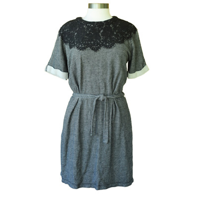 SEA New York Cotton Lace Bib Belted Dress Short Sleeve Black Stripe Sz Small