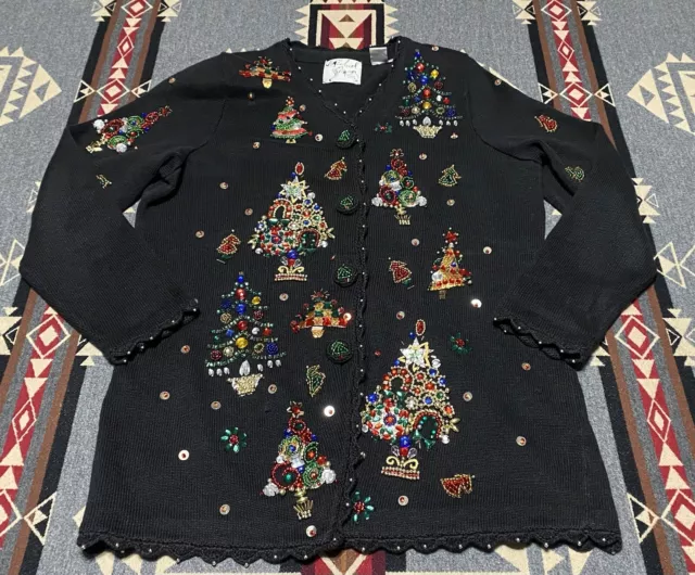 Michael Simon Petites Beaded Sweater Christmas Tree 1996 sz L RARE T36
