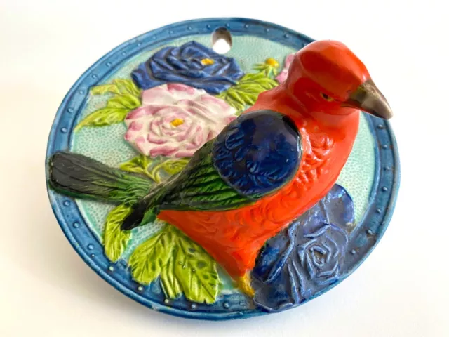 Art Deco Rare 1940'S Japan Hand Painted Art Pottery Bird Round Wall Pocket Vase