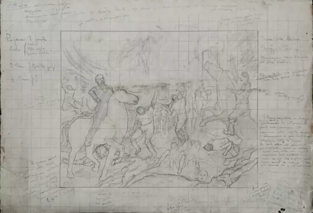 ANTICO DISEGNO a MATITA SU CARTA Studio di Battaglia con Figure Epoca primi 900