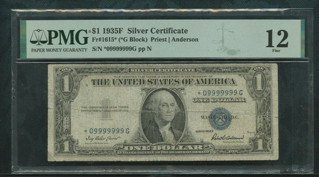 1935F Silver Certificate Fancy Serial  Fr# 1615* 1 dollar PMG 12 (09999999) Star