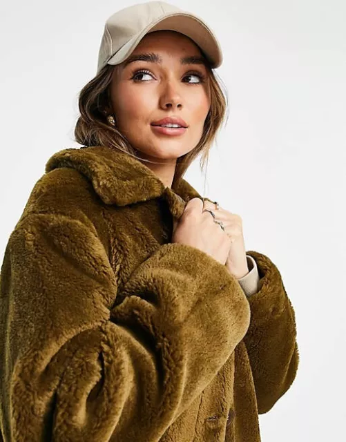 NEW ASOS Borg Button Through Coat in Olive-Fur Fleece RRP £75