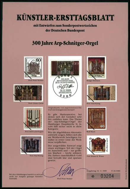 Brd Künstler-Etb 1989/26 Musik Arp-Schnitger-Orgel Organ Entwürfe!!