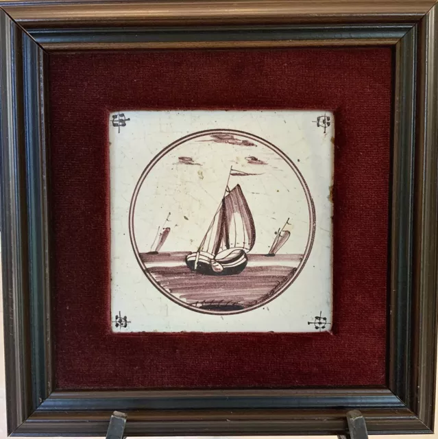 Dutch Delft Manganese Tile in Wood Frame c. 1800 3