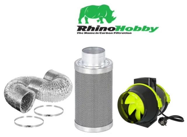4" Rhino Hobby Carbon Filter & HighPro TT Fan Extraction Kit 5m Ducting & Clips