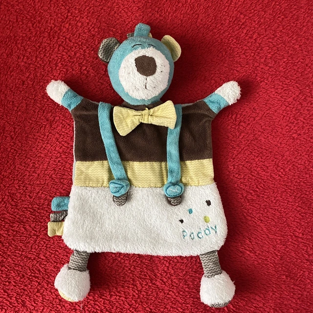 🇫🇷Doudou Plat Grelot Ours Paddy Blanc Bleu Vert Sauthon  Ttbe
