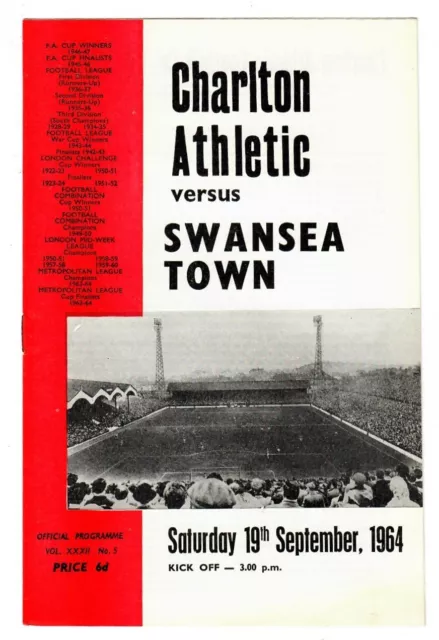 Charlton Athletic v Swansea Town - 1964-65 Division Two  Football Programme