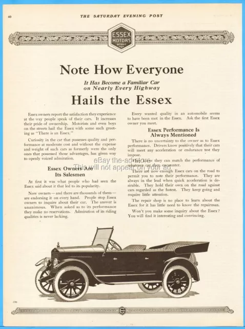 1919 Essex Motor Co Vintage Print Ad Detroit MI Antique Open Car Automobile