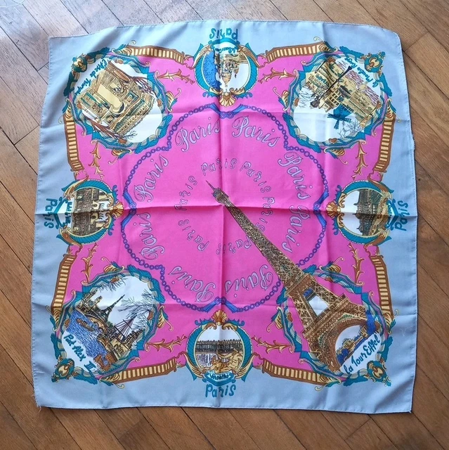 Foulard Ancien Paris Monuments - Vintage Années 40, Marque Benlian, Fait Main