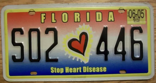 Single Florida License Plate - 2005 - S02 446 - Stop Heart Disease