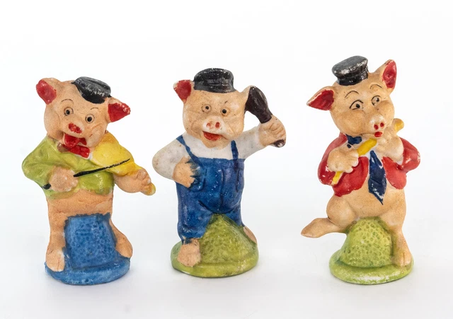 VINTAGE THREE LITTLE Pigs Figurines 1930s Bisque Porcelain Japan £25.17