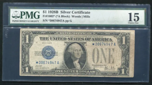 Fr. 1602* 1928-B $1 *Star* “Funnyback” Silver Certificate Pmg Choice Fine-15