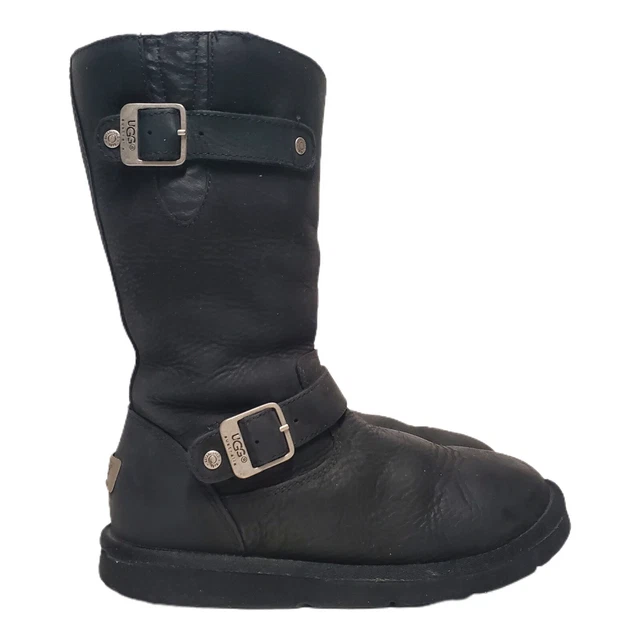 UGG Australia Kensington Boot Black Leather Sheepskin Lined Moto Sz 8 /39 Womens