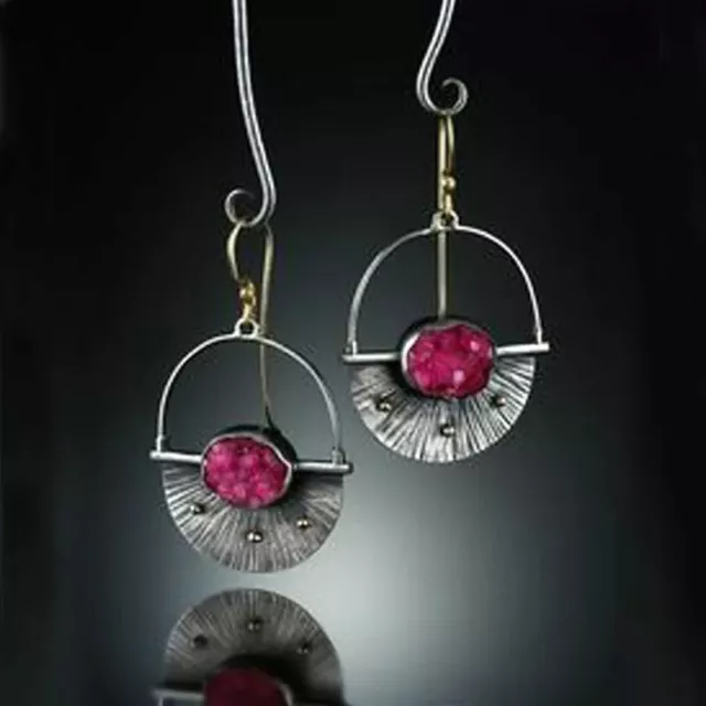 Boho Ethnic Silver Pink Stone Drop Dangle Earrings UK Seller