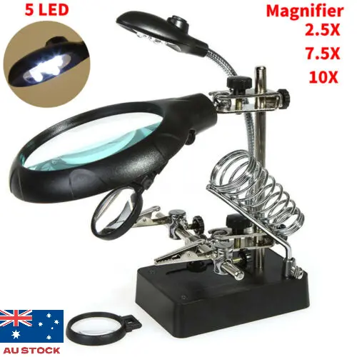 5 LED Magnifying Glass Magnifier Soldering Iron/Station Stand Helping Hand Clip