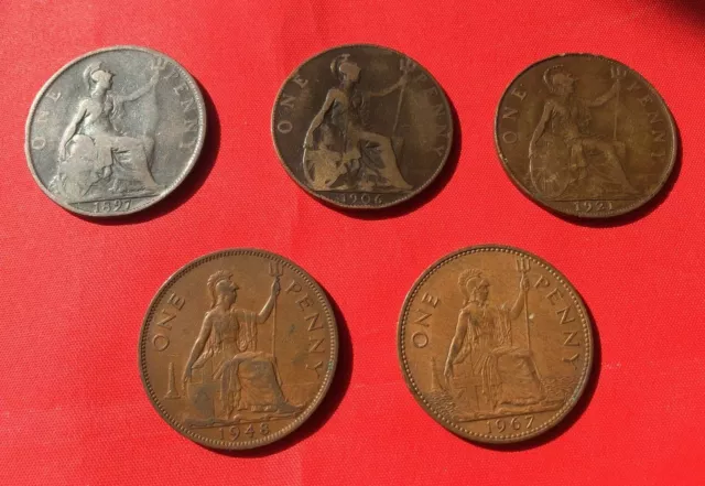 1p x 5 BRITISH PENNY .5 MONARCHS TYPE COLLECTION  1897, 1906, 1921, 1948 & 1967. 3