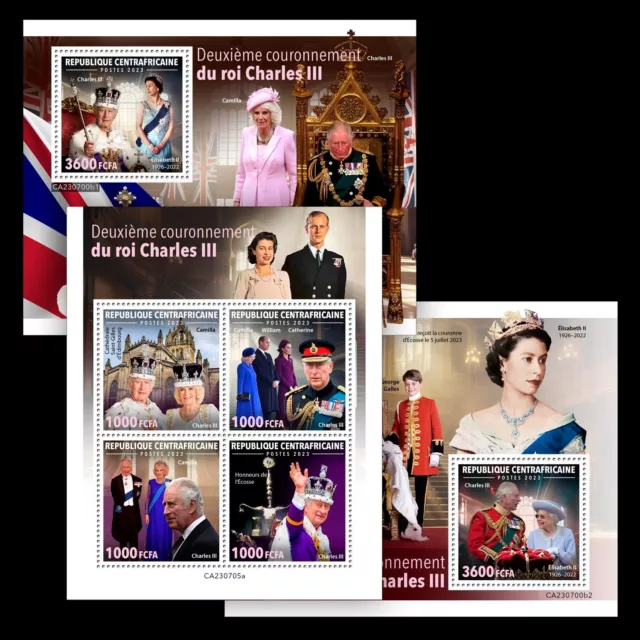 King Charles III Queen Elizabeth II MNH Stamps 2023 Central African M/S + 2 S/S