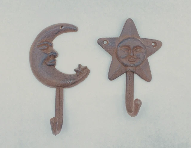 Set of 2 Cast Iron Crescent Man Moon  & Stars Face Wall Hook Towel Coat Hanger