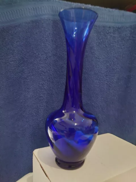 A Pair Of Vintage Cobalt  Blue Glass Vases With Swirl Design