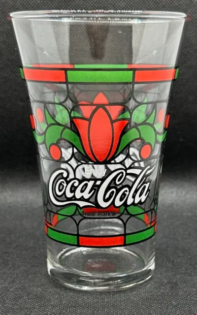 Vintage Coca Cola Stained Glass Tiffany Style Red Green Flower Tulip 5.25" high