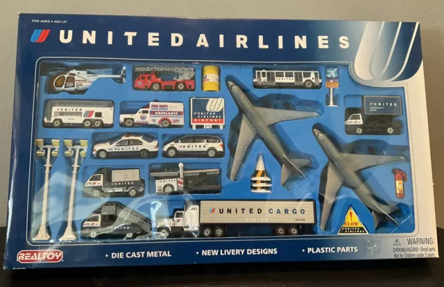 United Airlines Die Cast Airport Play Set by Realtoy #6262 (1999) 24 Pieces Rare