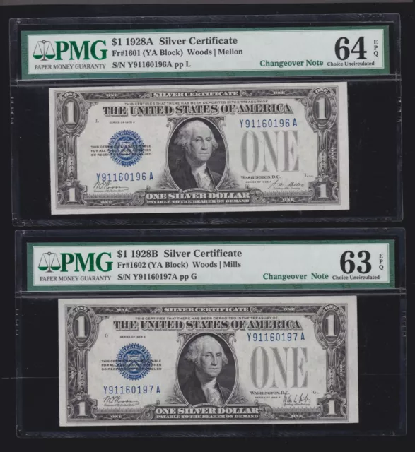 US Silver Certificate Change Over Pair(YA Block) FR 1601-02 PMG64/63EPQ (196-97)