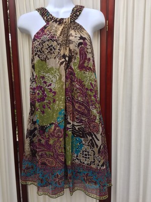 Eci New York Silk Multicolor Dress Beaded Neckline Sz 4 Excellent!