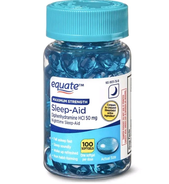 EQUATE MAXIMUM STRENGTH Nighttime Sleep Aid Sleep Softgels 100 Count