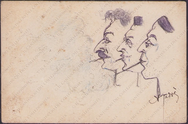 Disegno volti uomini fumatori Caricatura firmata Cartolina
