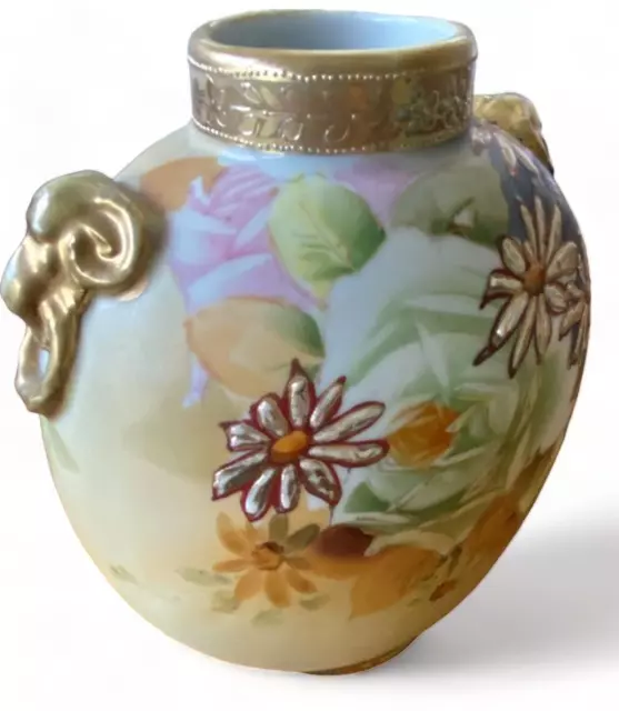 1911-1921 Nippon Morimura Brothers Gilded Floral Vase w/Ram Accents (READ)