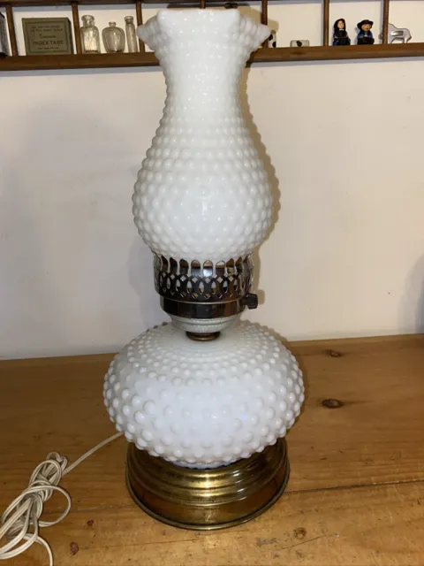 Vtg Hobnail Milk Glass Hurricane Electric Parlor Table Bedroom Lamp 14” Tall