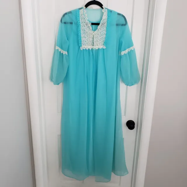 Vintage Nightgown And Robe MEDIUM Turquoise Lace Bishop Sleeves Midi Union Made