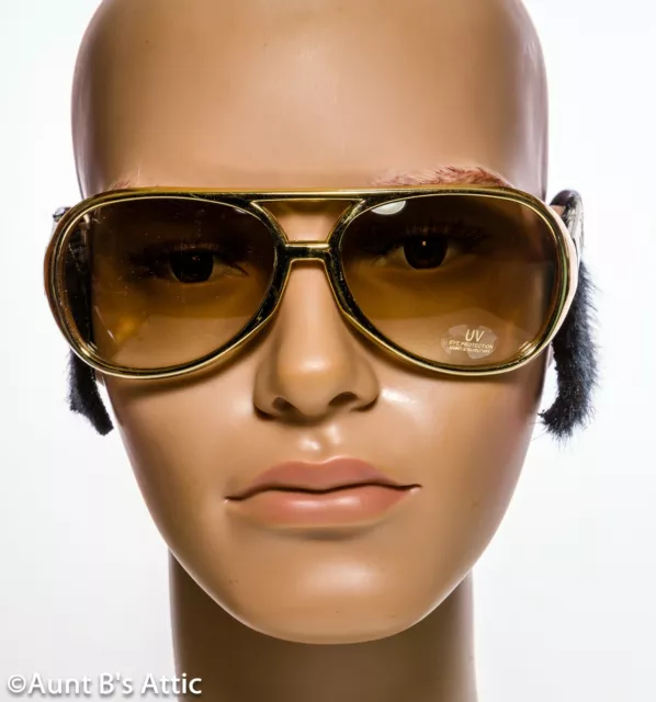 Elvis Sunglasses W/ Attached Sideburns Gold Plastic Frame Shaded Costume Glasses