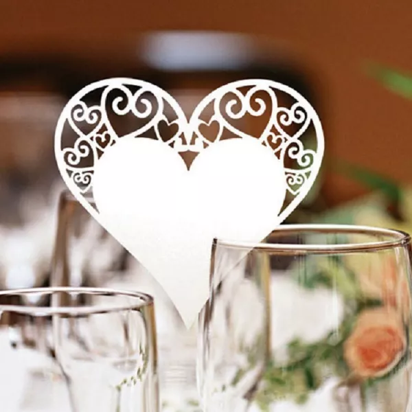 Heart Wedding Party Glass Place Name Cards. Laser Cut on Luxury Pearlescent Card