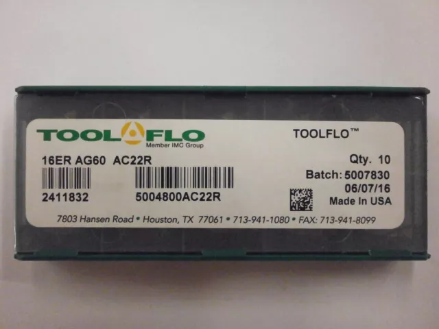 10pc) ToolFlo 16ER AG60 AC22R Laydown Coated Carbide 60° V Threading Inserts