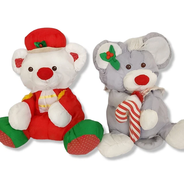 Fisher Price 1992 Puffalumps Lot of 2 Christmas Gray Mouse & Christmas Bear