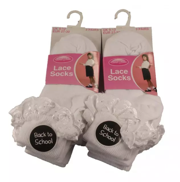 6 Pairs of Kids Girls Lace Socks, SockStack Frilly Chic White Ankle School Socks