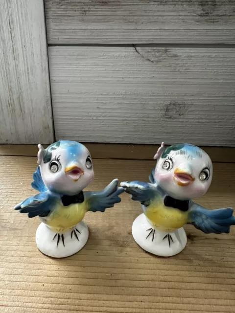 Lefton 239 Blue Birds Of Happiness Rhinestones VTG  Kitsch Salt & Pepper Shakers