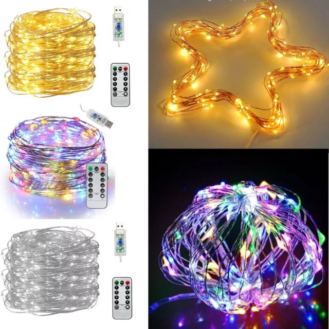USB Twinkle LED String Fairy Lights 5/10M 50/100/200LED Copper Wire Party Remote
