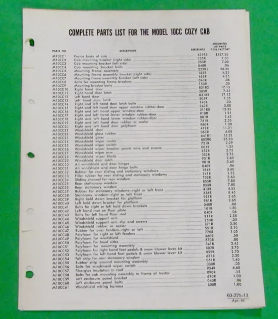 John Deere (Cozy Cab) Model 10-12 & 14CC Parts List With Prices  1968 Original