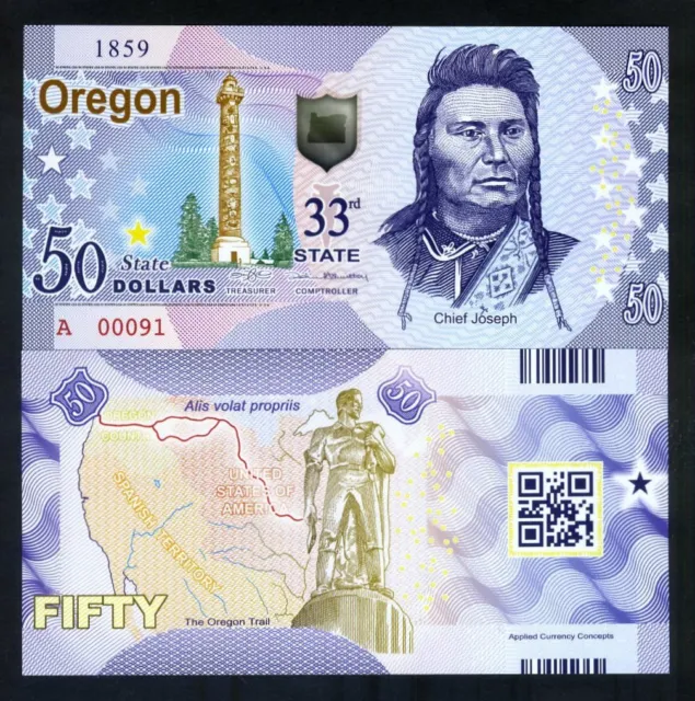 USA States, Oregon, $50, Polymer, ND (2018), UNC - Chief Joseph, Oregon Trail