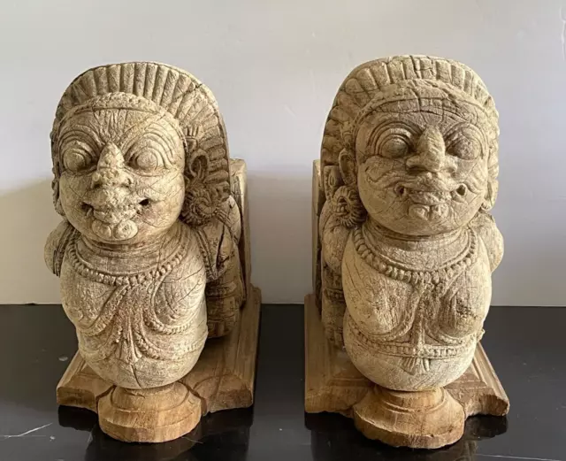 Monumental Wood Carved Pair of Antique Oriental Architectural Temple Guardians *