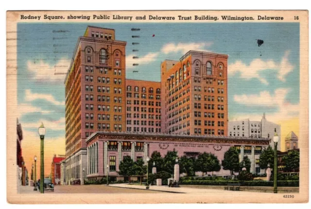 Wilmington DE Rodney Square Linen Postcard Public Library Delaware Trust Buildin